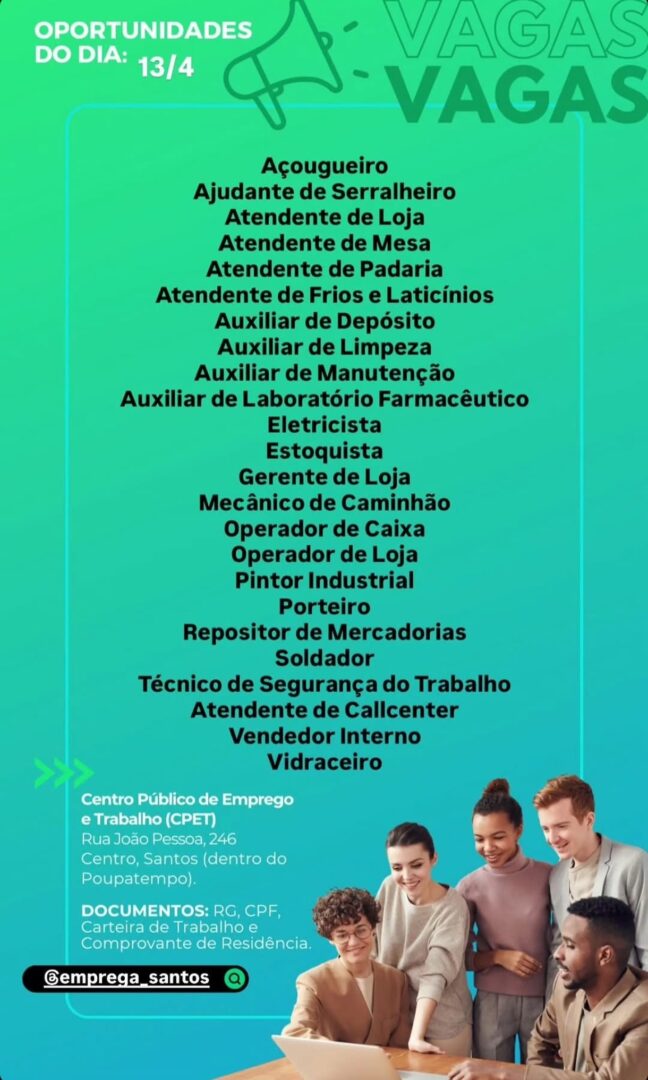 Vagas 13/04/2026 Baixada Santista