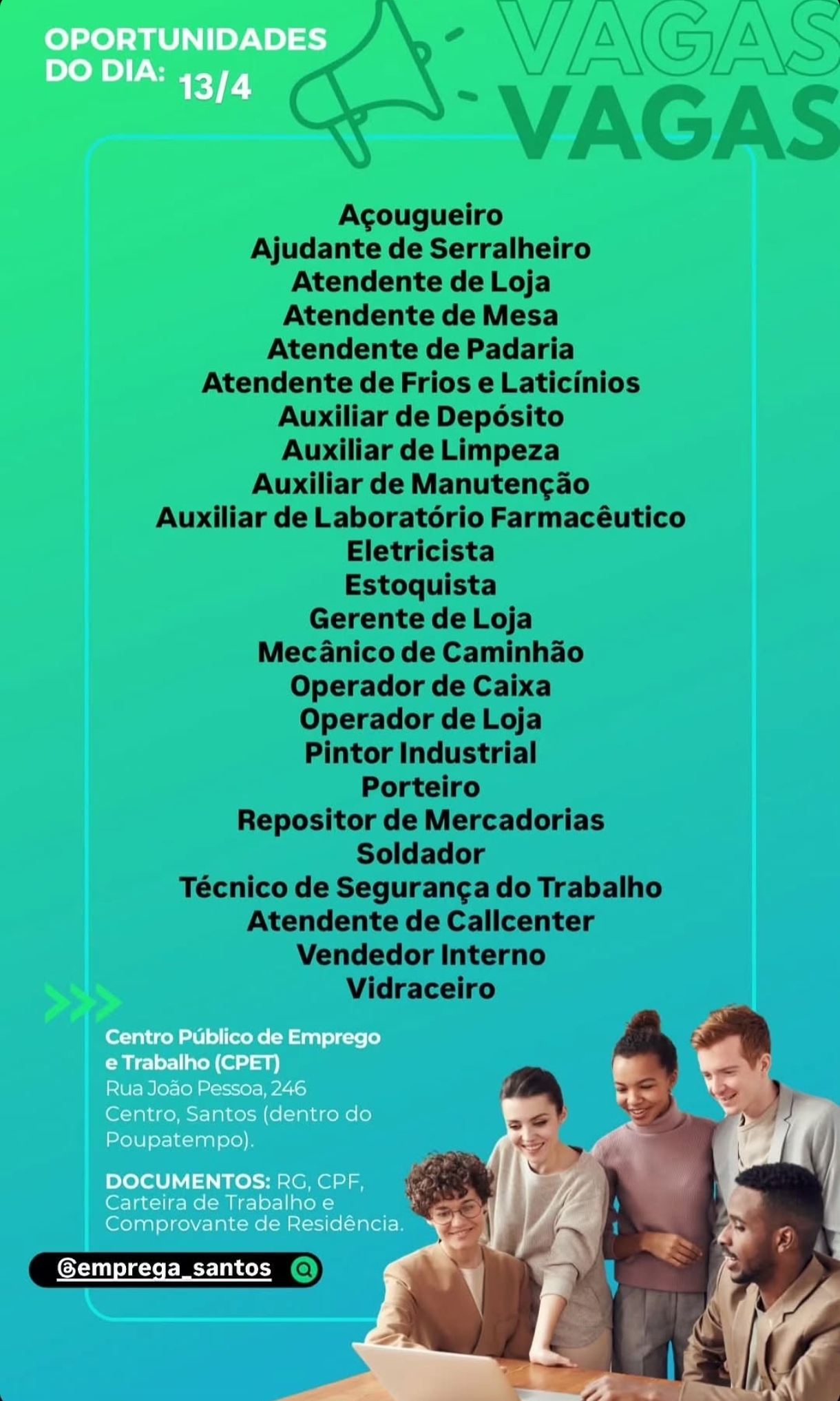Vagas 13/04/2026 Baixada Santista