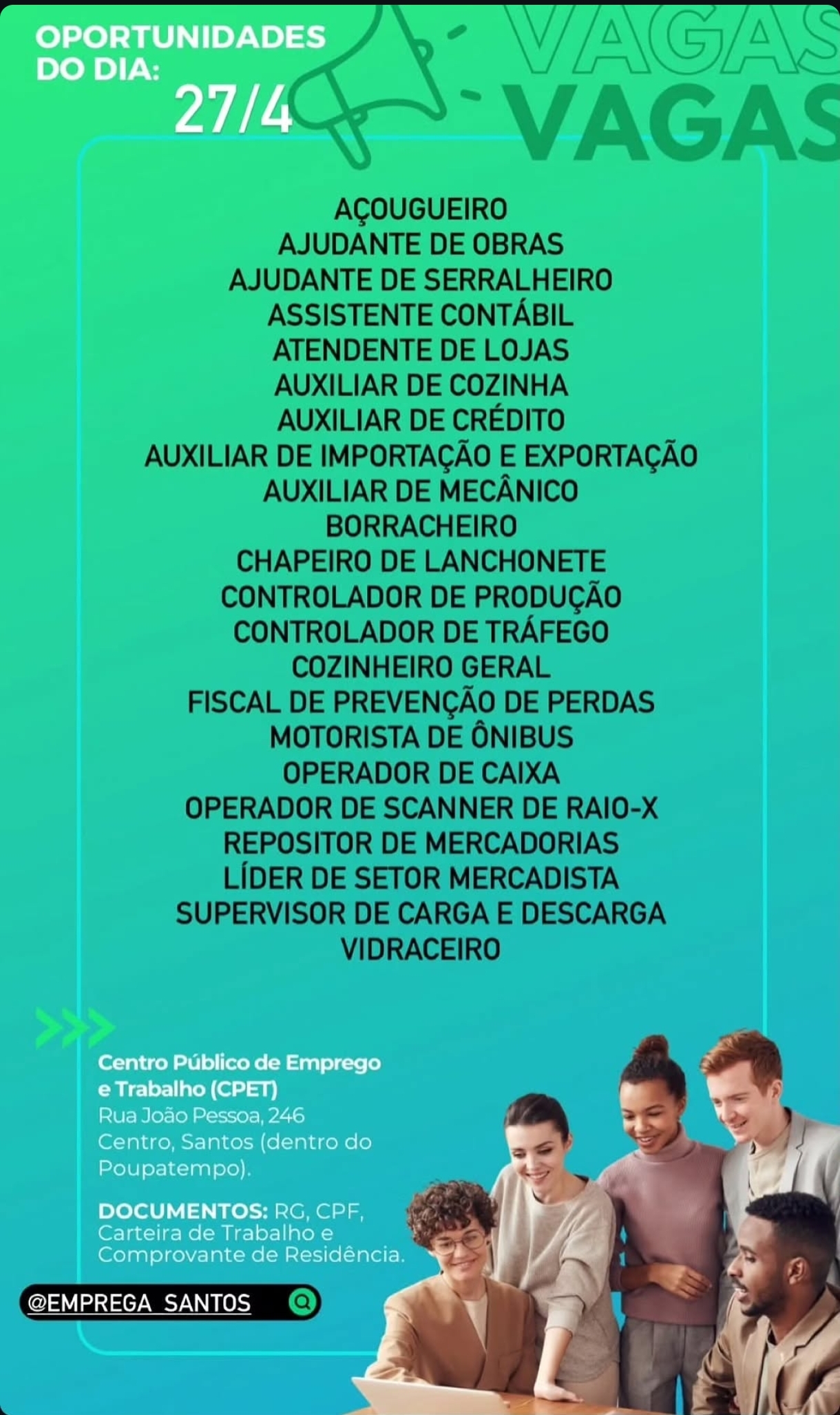Vagas 27/04/2026 Baixada Santista