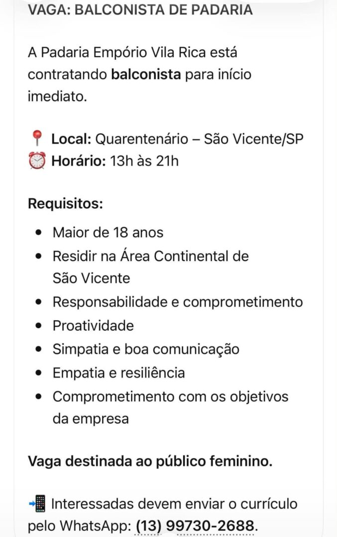 Vagas 12/10/2026 Baixada Santista